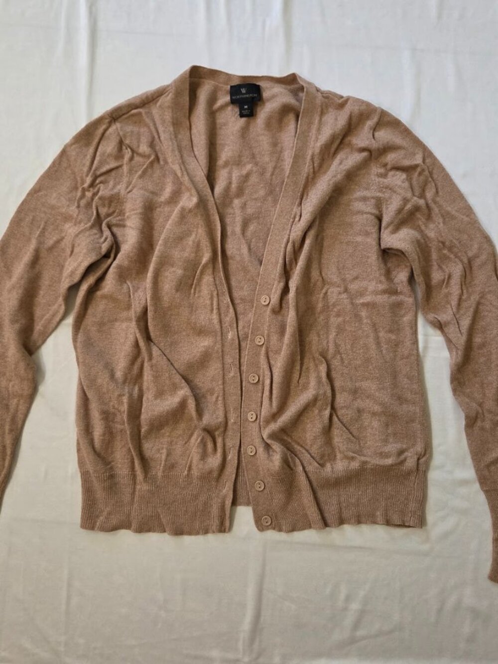 Worthington Tan Camel V-Neck Button Cardigan | Size M | Sleeve Cuff Detail